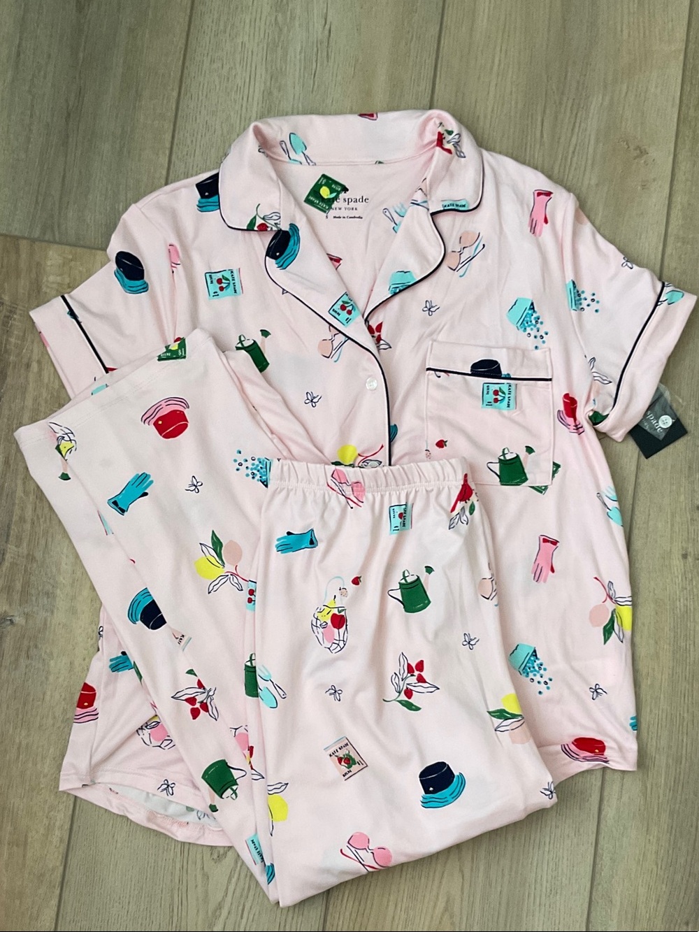 NWT Kate Spade Garden Print Short Sleeve Cropped Pajama Set Size S Pink